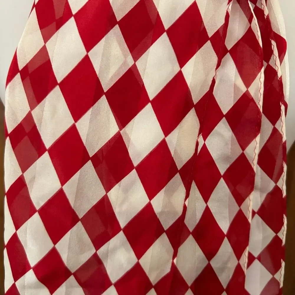 Vintage Adrienne Vittadini Silk Scarf Red White Harlequin Check